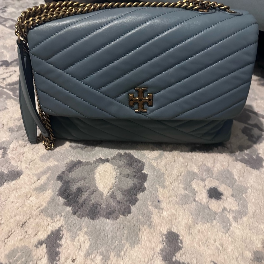 Tory Burch Quilted Chain Crossbody in Light Blue with Gold Hardware